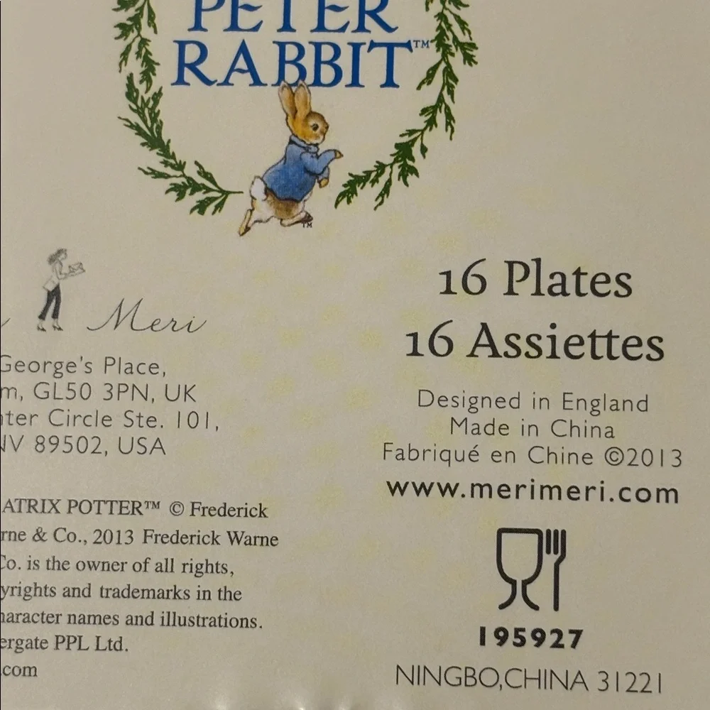 NIP! MERI MERI Beatrix Potter PETER RABBIT EASTER Disposable PAPER PLATES